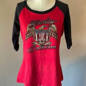 HARLEY DAVIDSON motor clothes color block women’s top rhinestone graphics Large